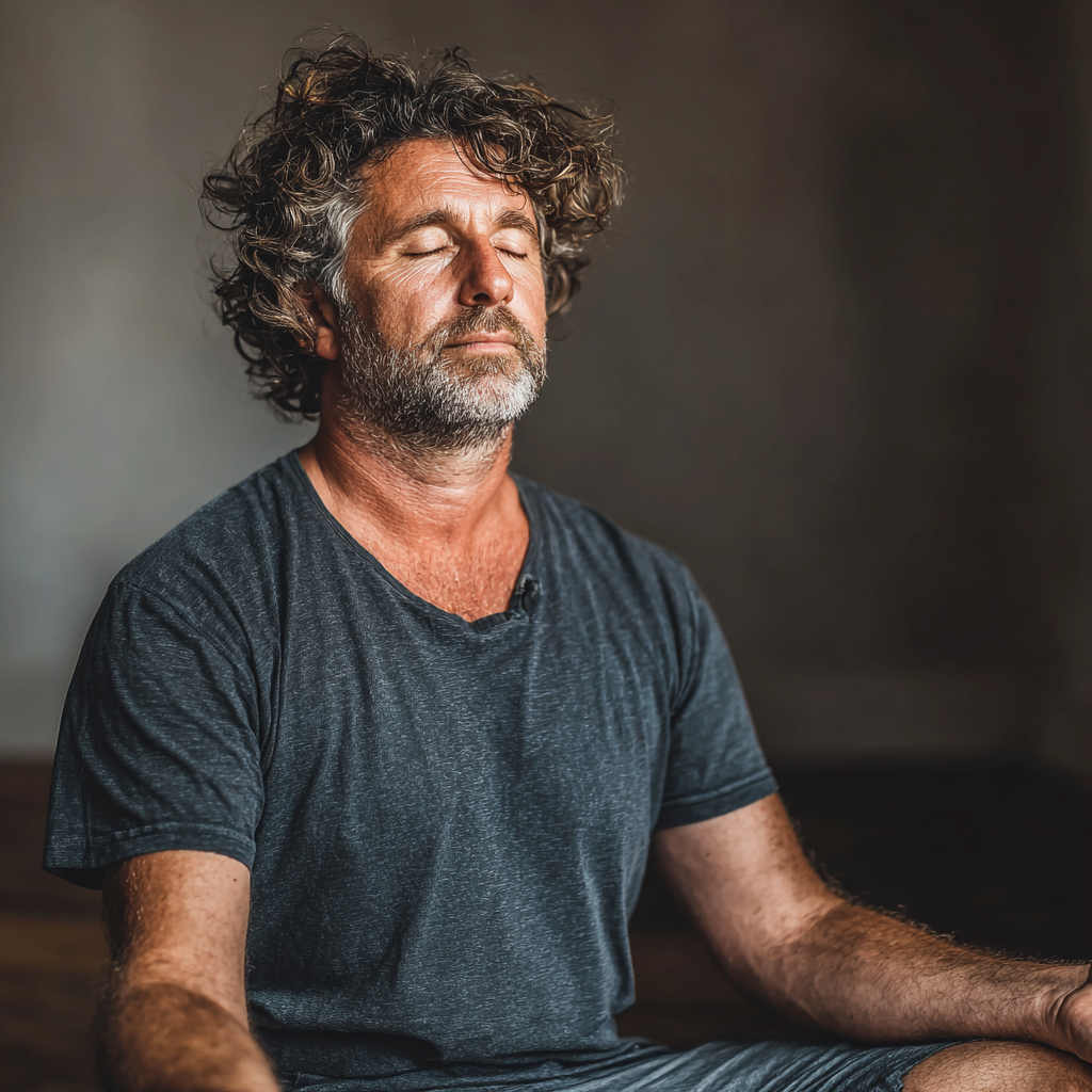 Mature man in his late 40s performing a seated meditation pose indoors, wearing casual athletic wear, eyes closed with peaceful expression, demonstrating mindfulness and inner calm in natural lighting