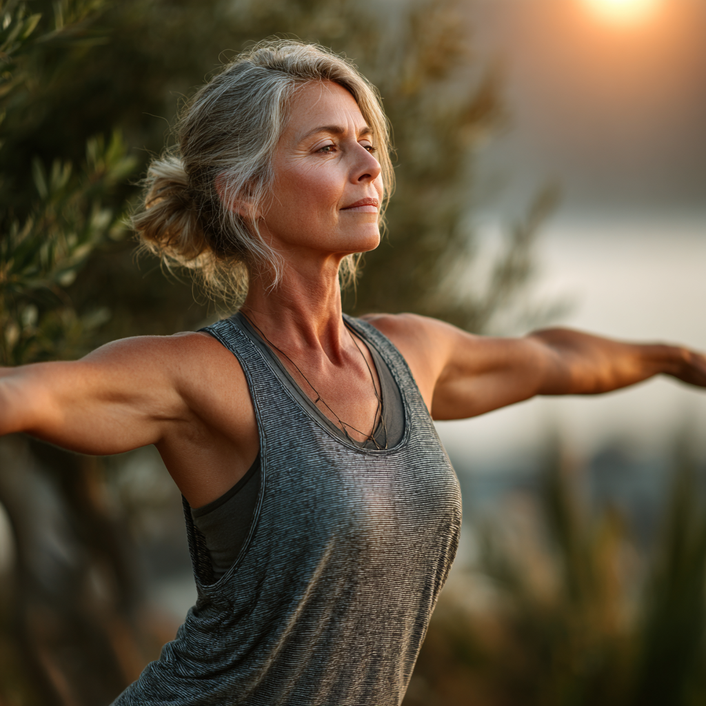 Peaceful middle-aged woman in her early 50s practicing yoga in warrior pose outdoors, wearing comfortable athletic clothing, surrounded by natural lighting with serene expression showing inner balance and mindfulness